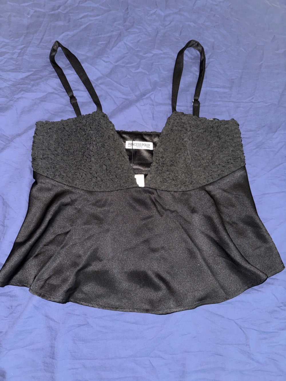 Princess Polly Black Satin Cami with Textured Bust Detail